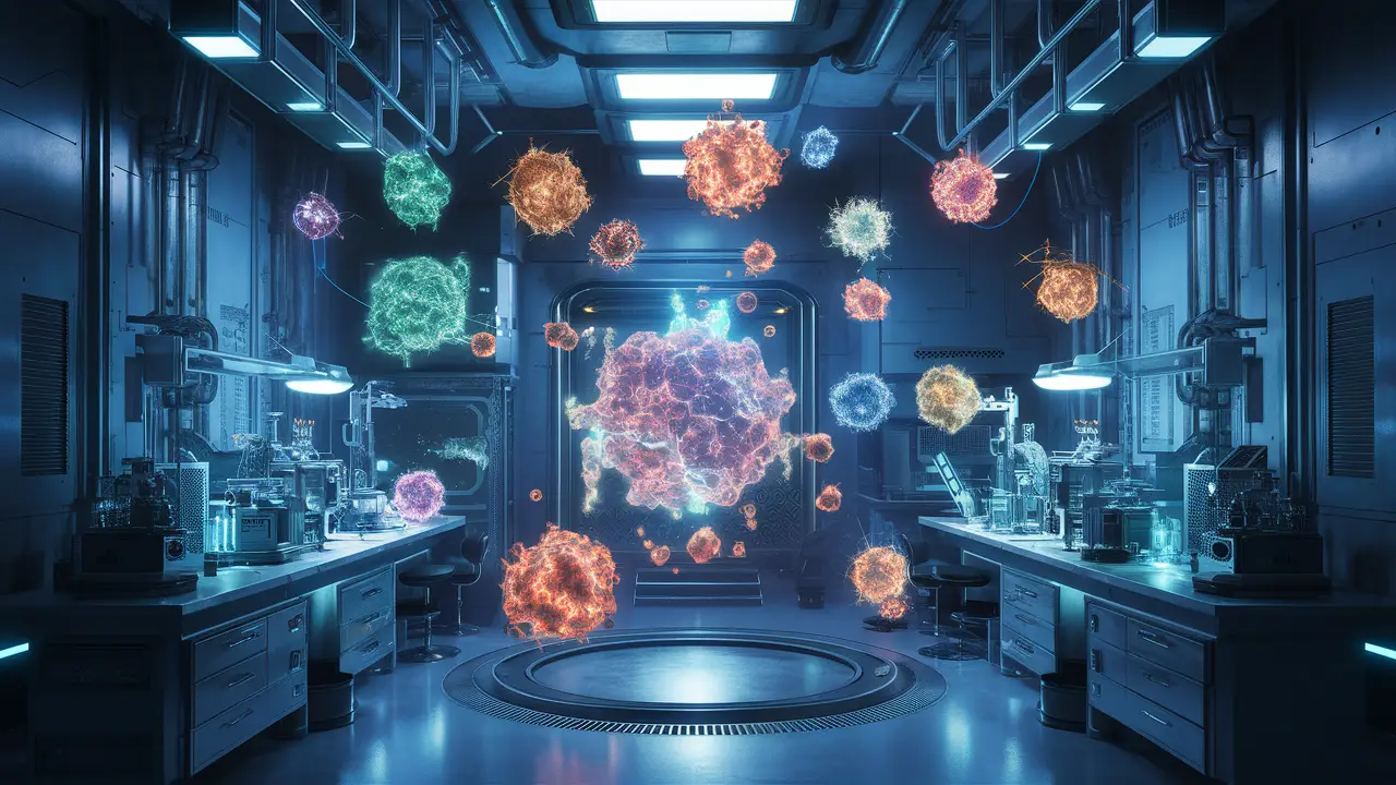 Laboratório futurista com partículas quânticas brilhantes flutuando e equipamentos científicos complexos.