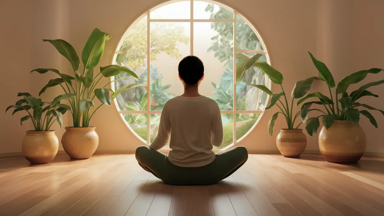 Pessoa meditando sentada no chão de madeira, cercada por plantas verdes em vasos, com janela redonda ao fundo.