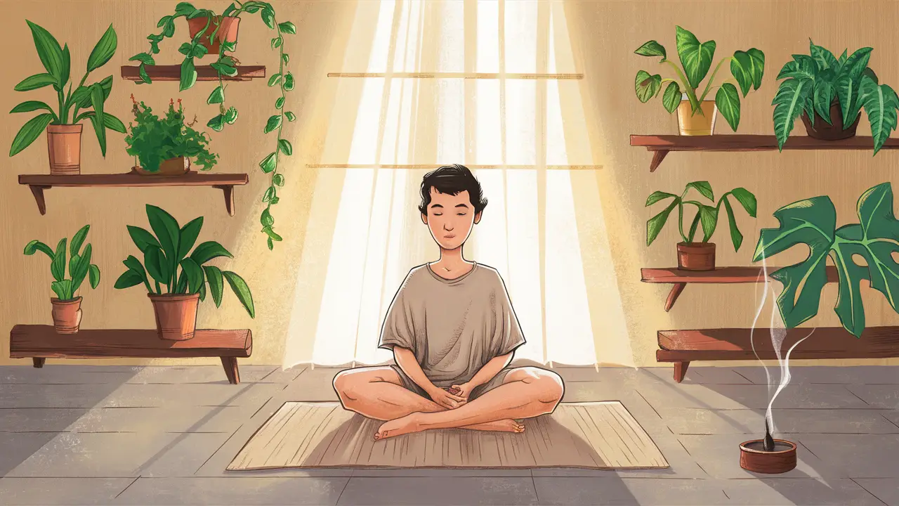 Pessoa meditando em um quarto sereno com plantas e luz suave.
