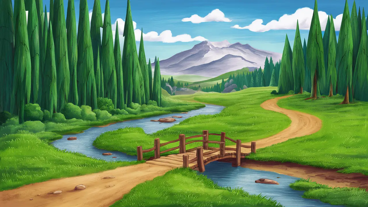 Ponte de madeira sobre riacho em floresta densa com montanha ao fundo.